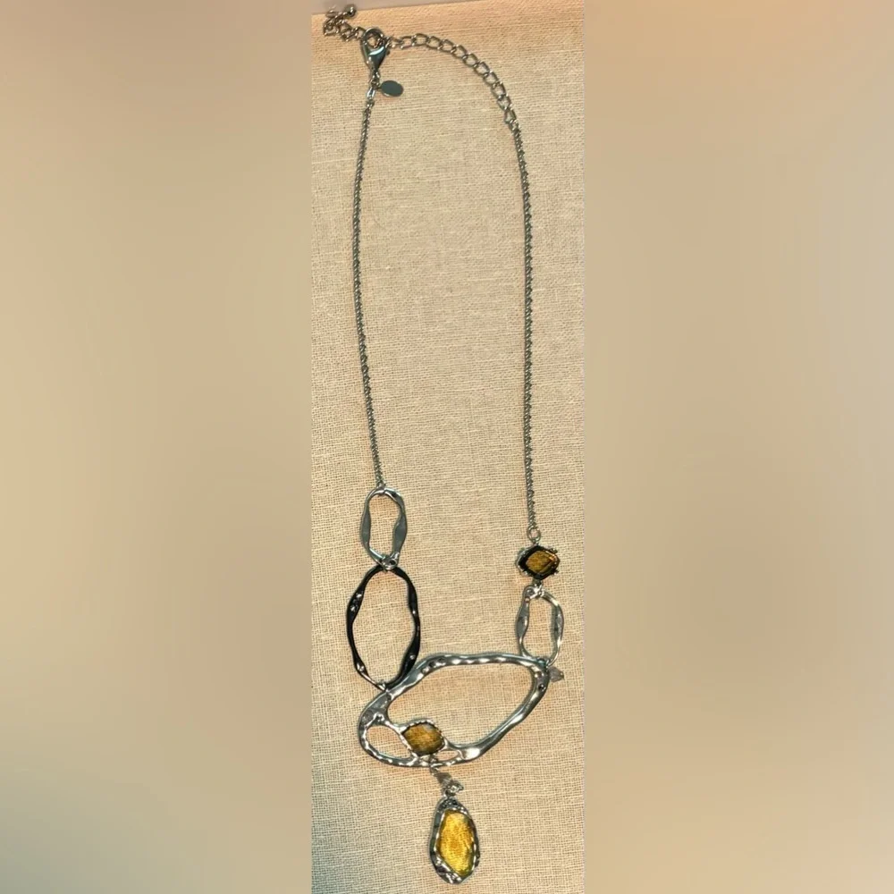 Chico’s Silvertone Mixed Link Statement Necklace Crystal Drop Pendant